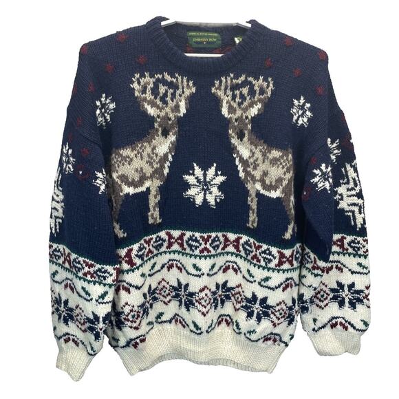 Embassy Row Special Edition Hand Knit 100% Wool Sweater Men XL Reindeer Xmas - Picture 1 of 8